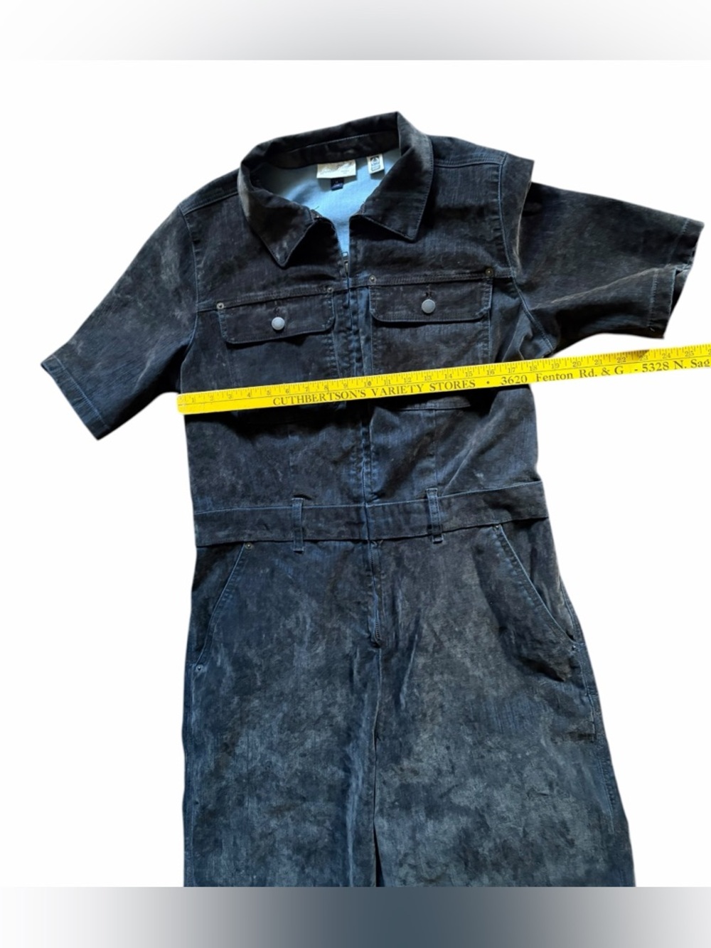 Short-Sleeve Gray Velvet Jean Jumpsuit - Picture 4 of 16